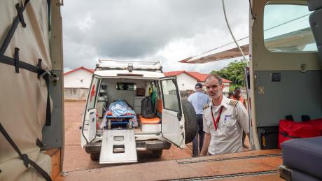 Israel Kourouma boarded the MAF plane from Nzerekore to Conakry.